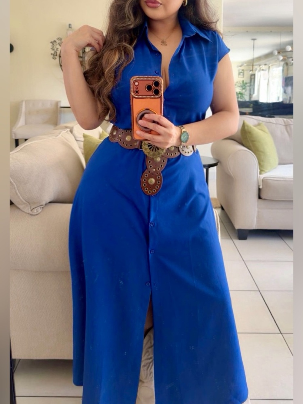 Royal Blue Button-Front Maxi Shirt Dress